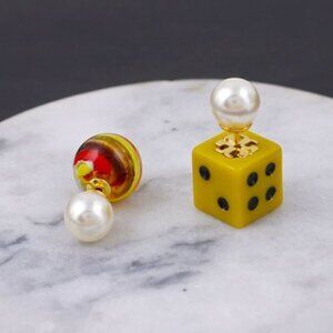 Tory Burch Kira Lucky Dice Double Stud Earrings Pearl Mismatch Gold Tone